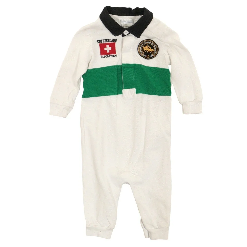 Ralph Lauren Rugby Romper Switzerland Polo Team Crest White Cotton Kids Baby 6M
